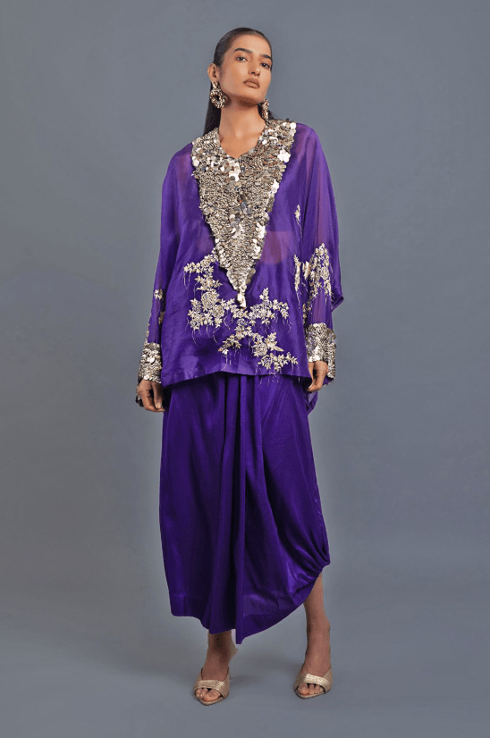 Purple Satin Silk & Organza Embroidered Skirt Set