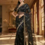 Black Gold Hand-Embroidered Evening Cocktail Saree