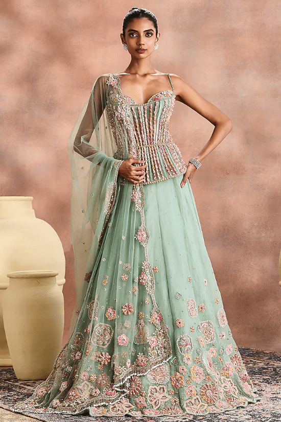 Sage Green Silk Organza Embellished Lehenga Set