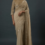 Mushroom-Colored Chiffon Sequins Embroidered Saree Set