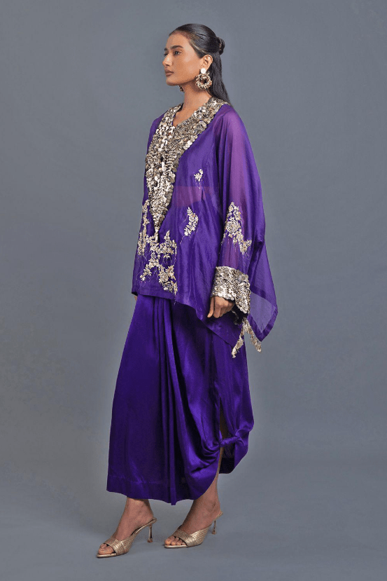 Purple Satin Silk & Organza Embroidered Skirt Set - Image 2