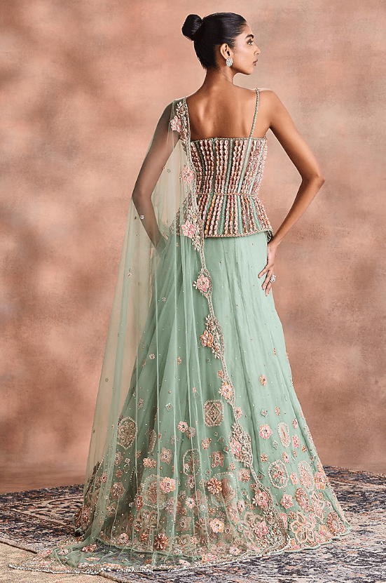 Sage Green Silk Organza Embellished Lehenga Set - Image 2