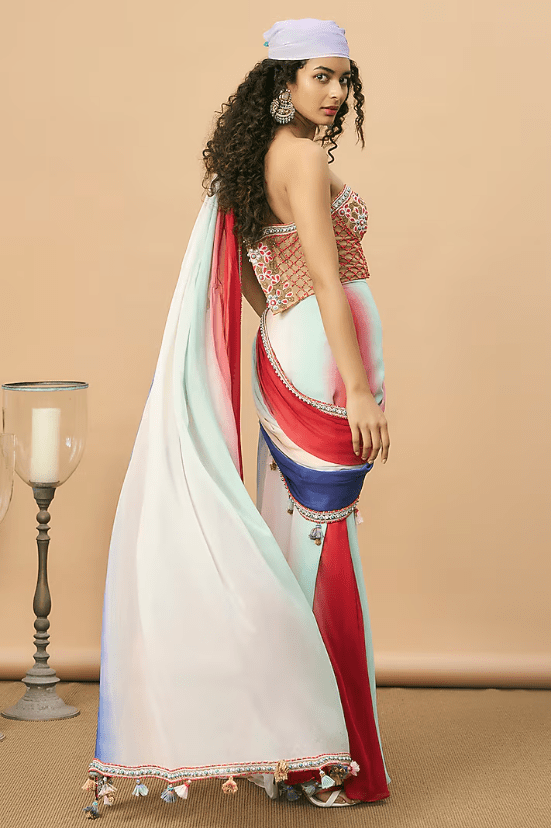 Multi-Colored Georgette Embroidered Pre-Stitched Saree Set - Image 2