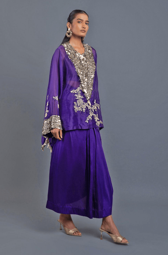 Purple Satin Silk & Organza Embroidered Skirt Set - Image 3
