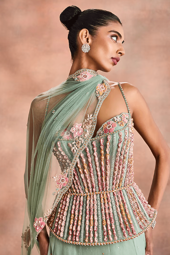 Sage Green Silk Organza Embellished Lehenga Set - Image 3