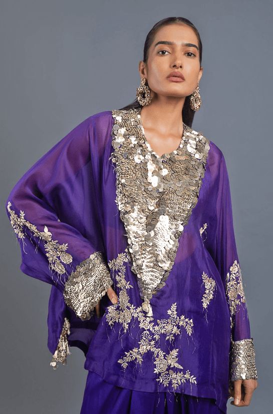 Purple Satin Silk & Organza Embroidered Skirt Set - Image 4