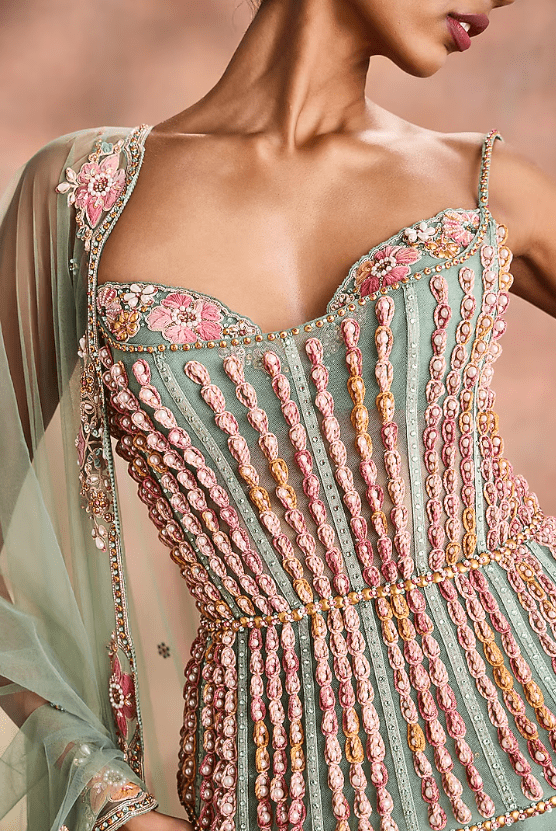 Sage Green Silk Organza Embellished Lehenga Set - Image 4