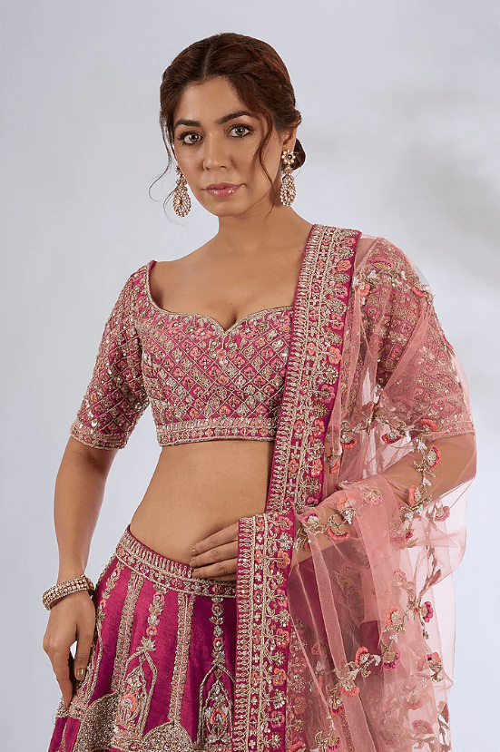 Red Raw Silk Embroidered Lehenga Set - Image 4