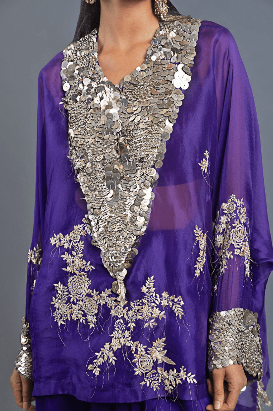 Purple Satin Silk & Organza Embroidered Skirt Set - Image 5