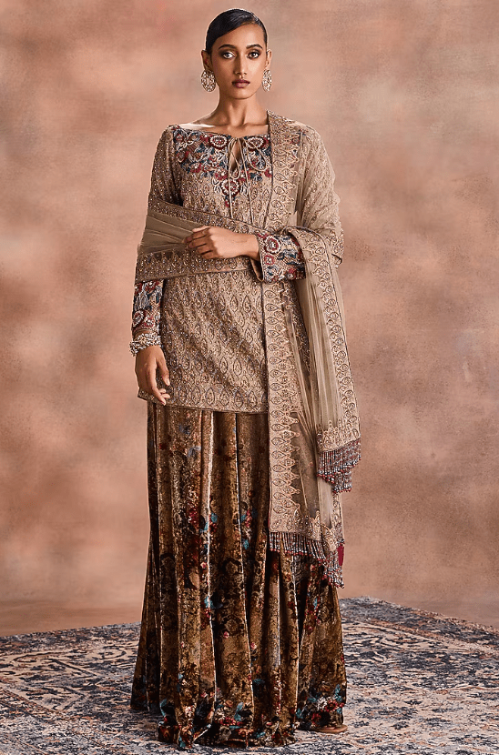 Sand Gold Tissue Chanderi & Velvet Embroidered Kurta Set