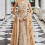 Beige Organza Mirror Embroidered Lehenga Set