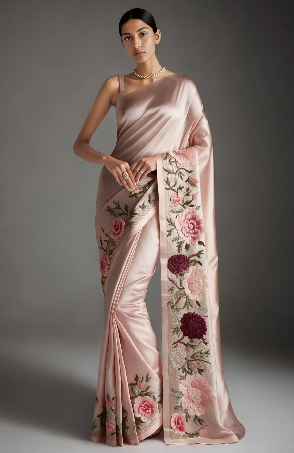 Blush Pink Peony Embroidered Silk Saree