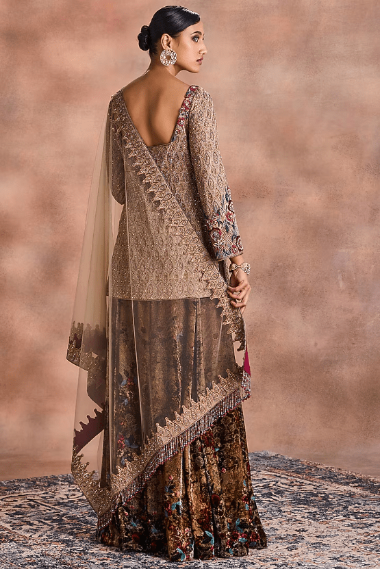 Sand Gold Tissue Chanderi & Velvet Embroidered Kurta Set - Image 2