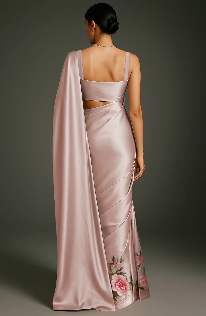 Blush Pink Peony Embroidered Silk Saree - Image 2
