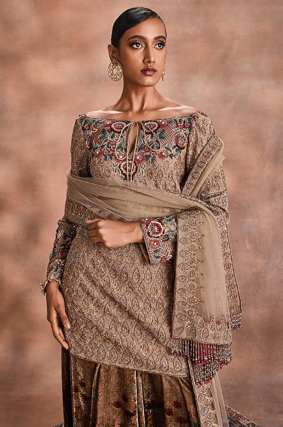 Sand Gold Tissue Chanderi & Velvet Embroidered Kurta Set - Image 3