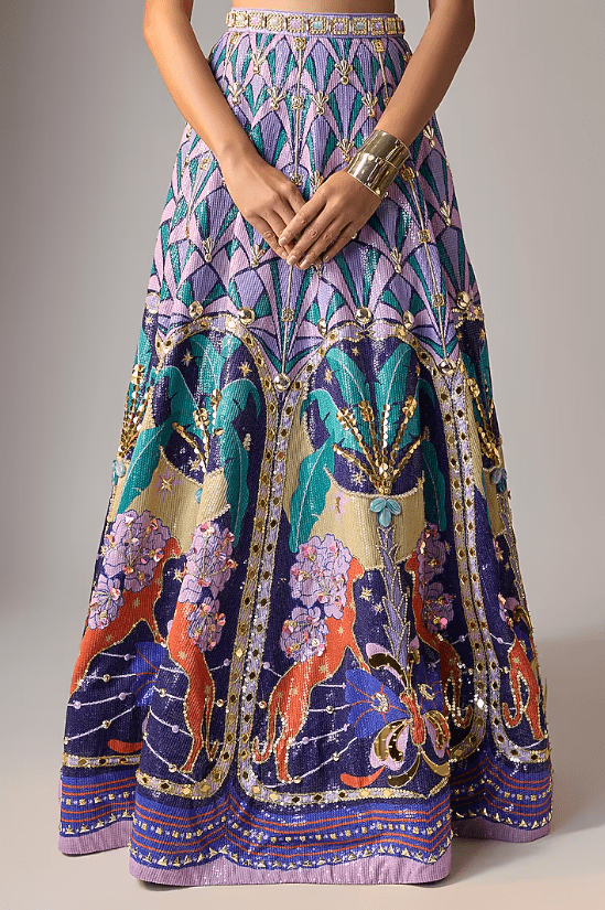 Multi-Colored Sequins Printed & Embellished Lehenga Set - Image 3