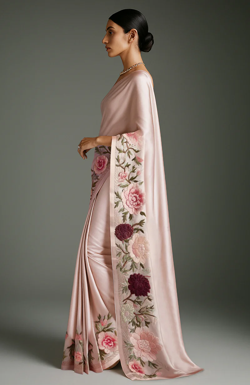 Blush Pink Peony Embroidered Silk Saree - Image 3