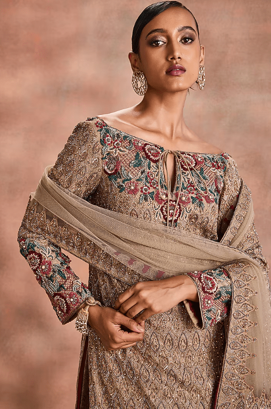 Sand Gold Tissue Chanderi & Velvet Embroidered Kurta Set - Image 4