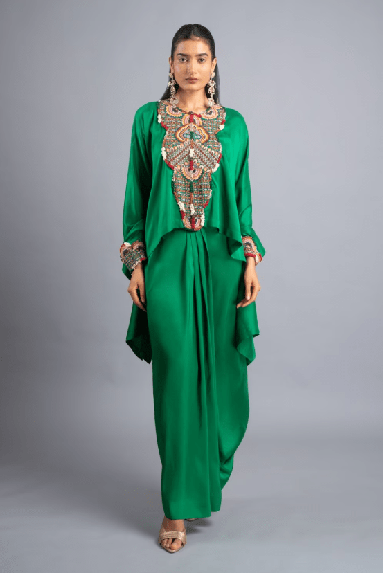 Emerald Green Silk Boxy Top and Skirt Set