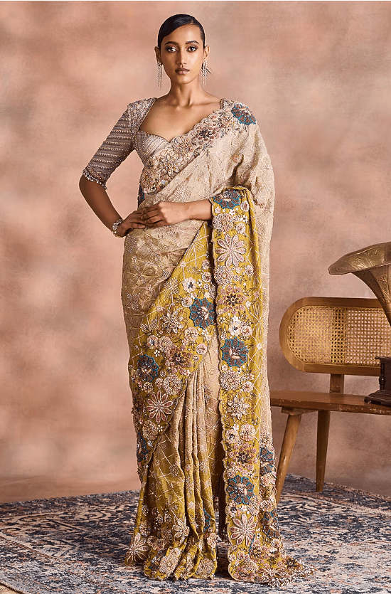 Mustard Gold Crinkled Shimmer Silk Tissue Embroidered Ombre Saree Set