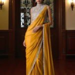 Mustard Yellow Pre-Draped Saree with Silver Embroidery