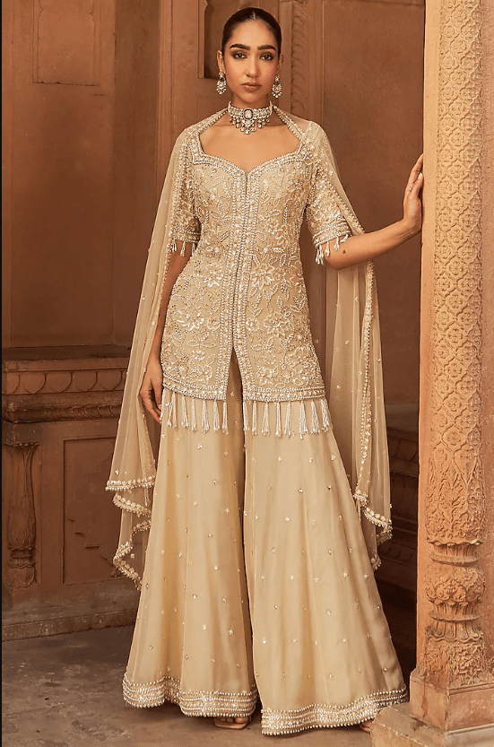 Golden Organza & Net Embroidered Sharara Set
