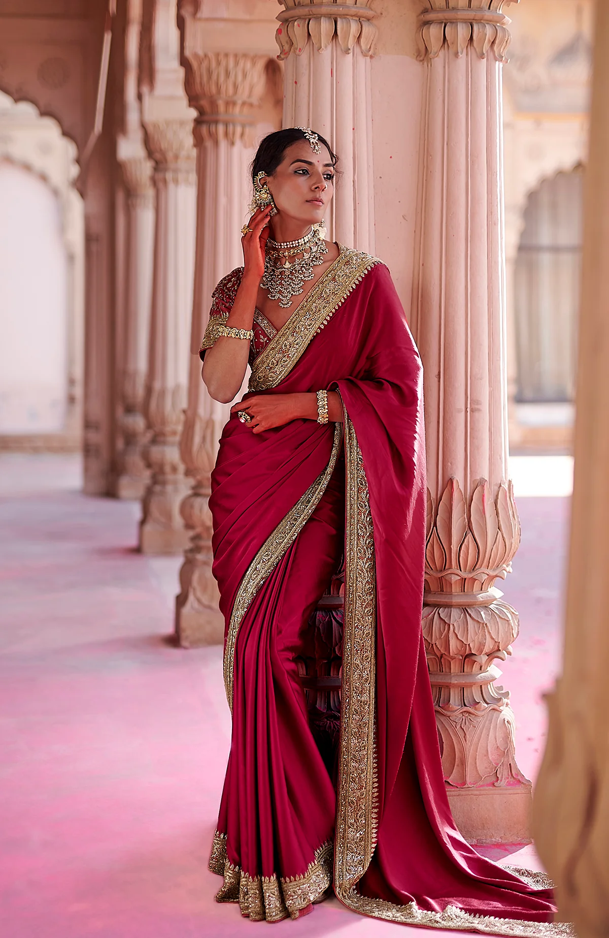 Blood Red Silk Saree | Gold Zardozi Hand Embroidered