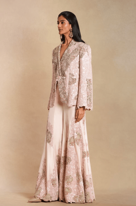 Light Pink Silk Sequins Embellish Jacket Set - Image 2