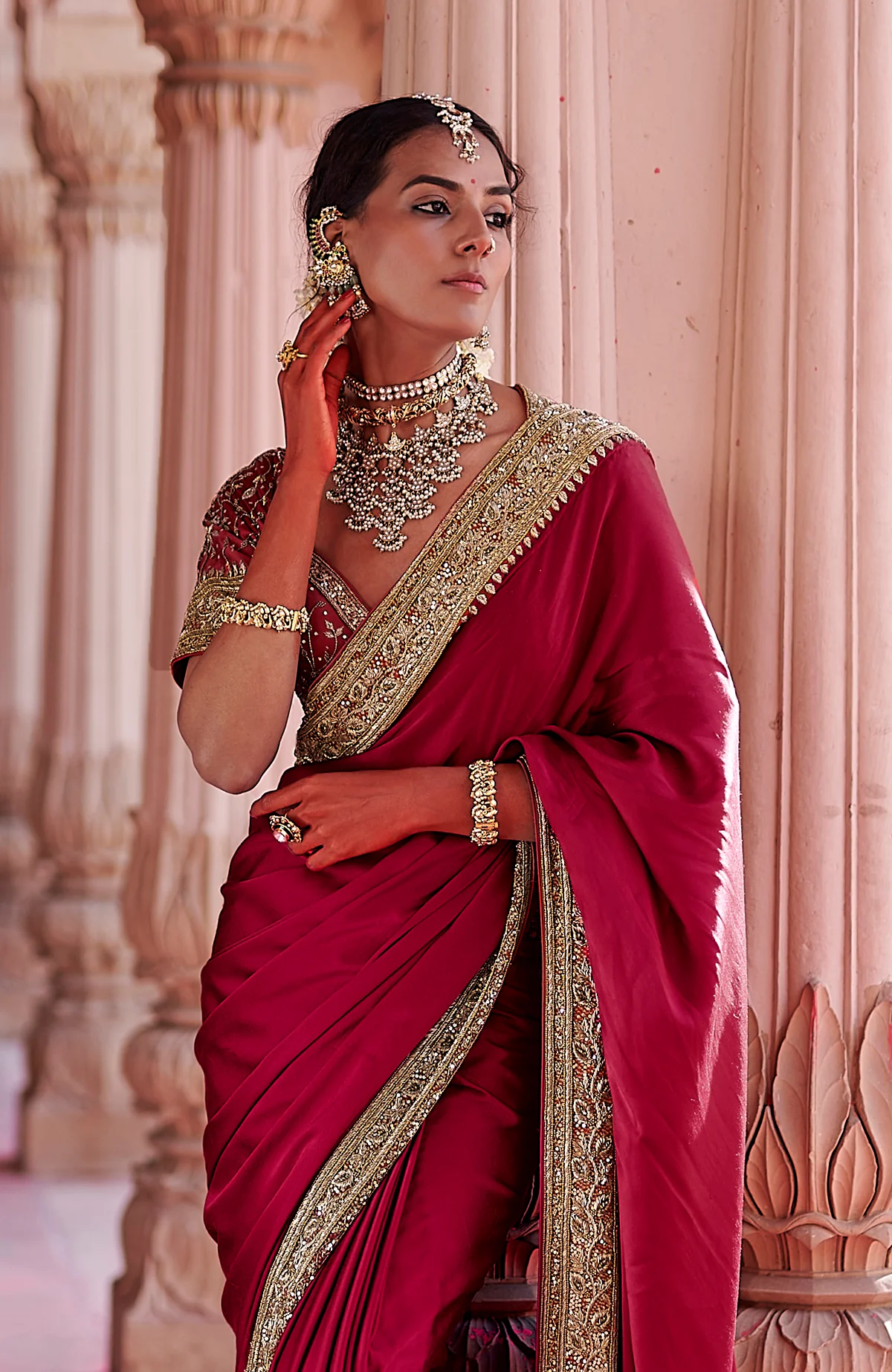 Blood Red Silk Saree | Gold Zardozi Hand Embroidered - Image 2