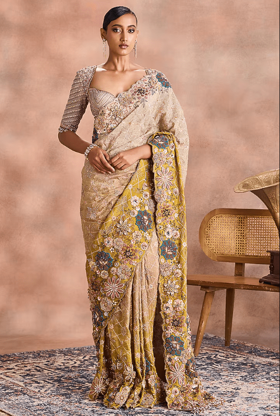 Mustard Gold Crinkled Shimmer Silk Tissue Embroidered Ombre Saree Set - Image 3