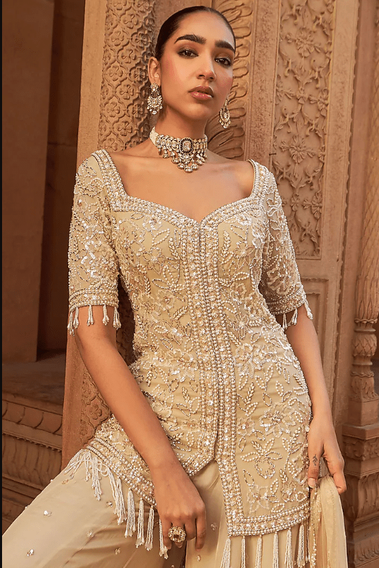 Golden Organza & Net Embroidered Sharara Set - Image 3