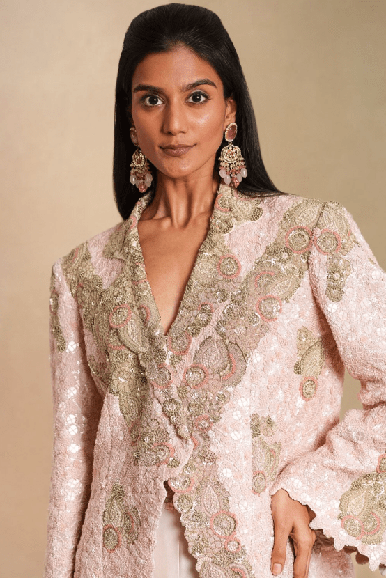 Light Pink Silk Sequins Embellish Jacket Set - Image 4