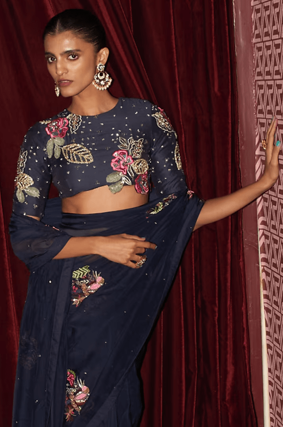Persian Blue Organza Hand Work Saree Set - Image 3