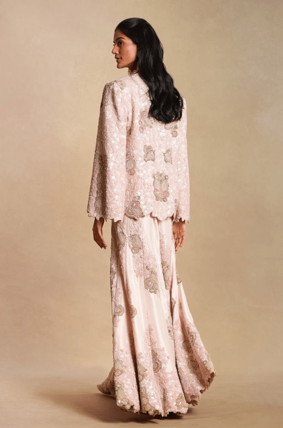 Light Pink Silk Sequins Embellish Jacket Set - Image 5