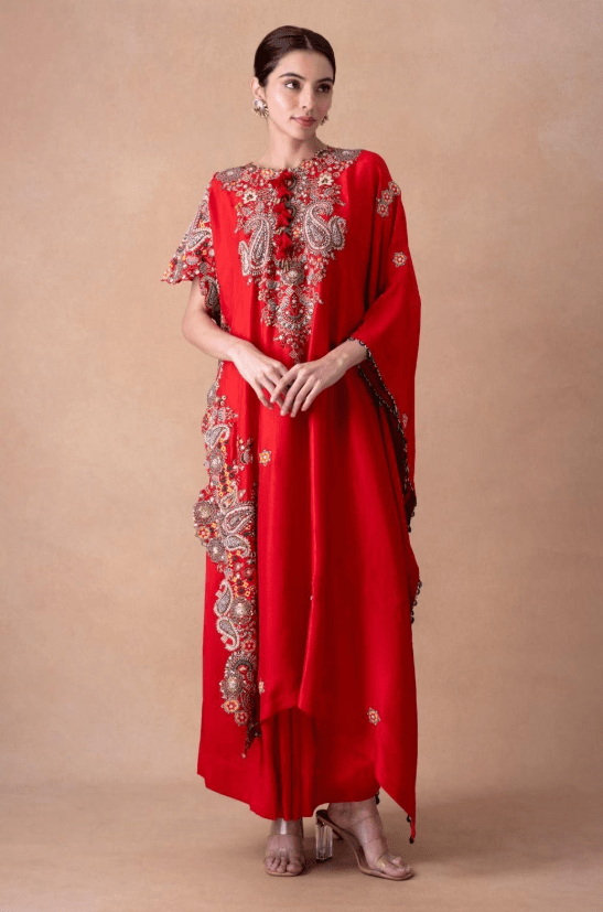 Bold Red Paisley Embellished Kaftan-Skirt Set