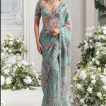 Jade Green Silk Organza Embroidered Pre-Draped Saree Set