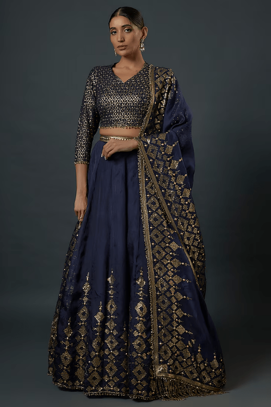 Navy Blue Chiffon Sequins Embroidered Lehenga Set