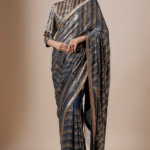 Classic Blue Chiffon Sequins Embroidered Striped Saree Set