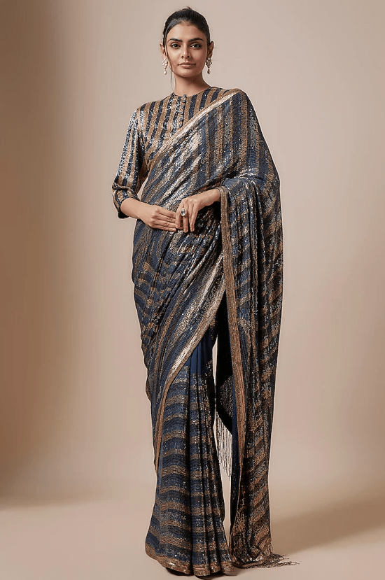 Classic Blue Chiffon Sequins Embroidered Striped Saree Set