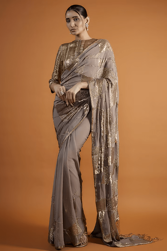 Mouse Chiffon Sequins Embroidered Saree Set
