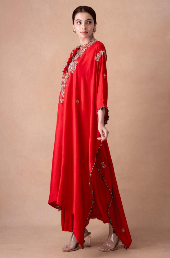 Bold Red Paisley Embellished Kaftan-Skirt Set - Image 2
