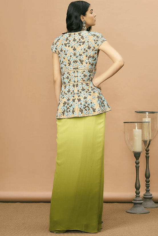Green Silk & Georgette Ombre Georgette Draped Skirt Set - Image 2