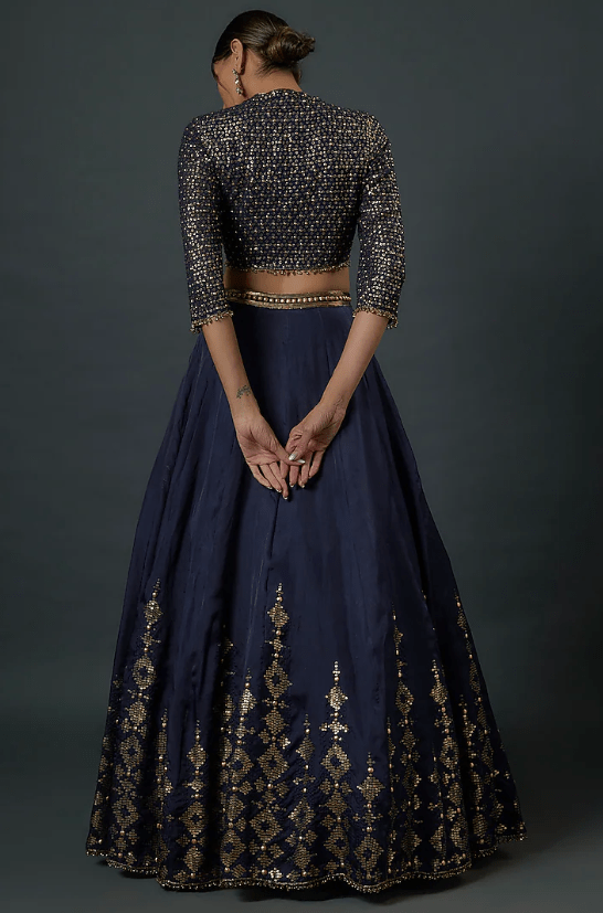 Navy Blue Chiffon Sequins Embroidered Lehenga Set - Image 2