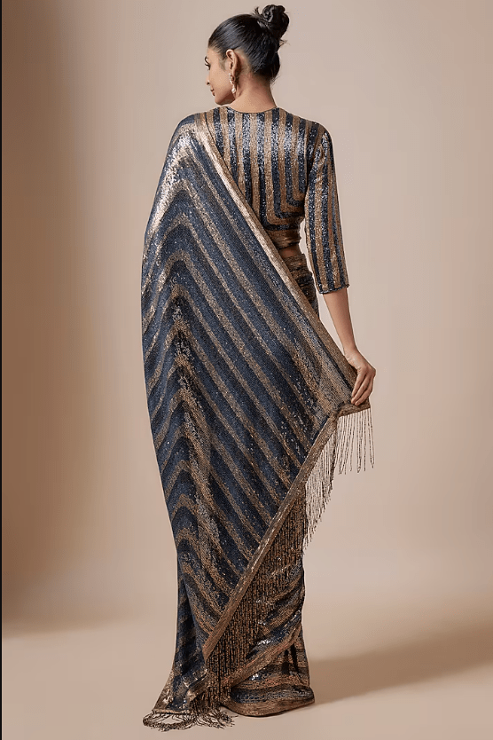 Classic Blue Chiffon Sequins Embroidered Striped Saree Set - Image 2