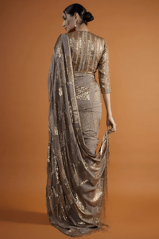 Mouse Chiffon Sequins Embroidered Saree Set - Image 2