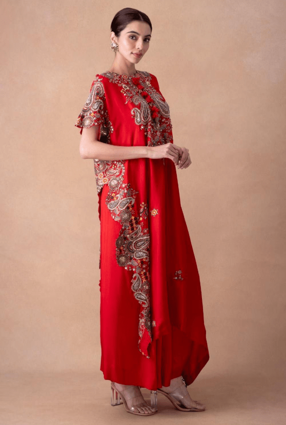 Bold Red Paisley Embellished Kaftan-Skirt Set - Image 3