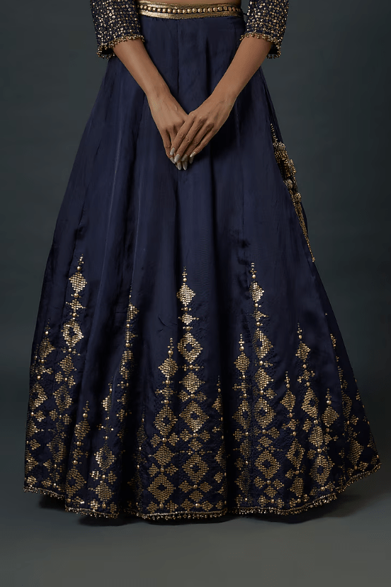 Navy Blue Chiffon Sequins Embroidered Lehenga Set - Image 3