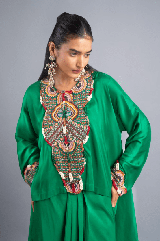 Emerald Green Silk Boxy Top and Skirt Set - Image 3