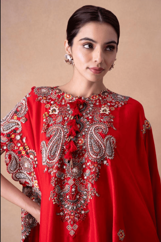 Bold Red Paisley Embellished Kaftan-Skirt Set - Image 4