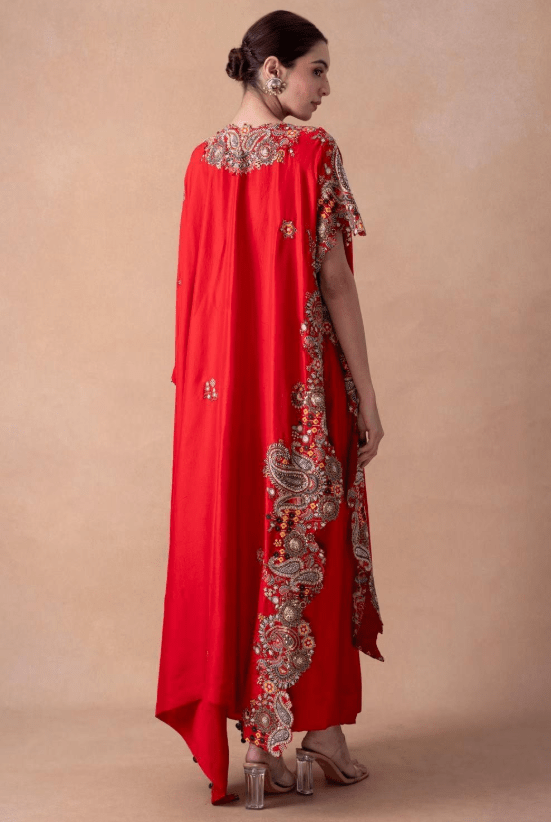 Bold Red Paisley Embellished Kaftan-Skirt Set - Image 5